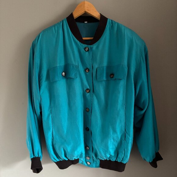 Jackets & Blazers - Vintage Turquoise Silk Bomber Jacket